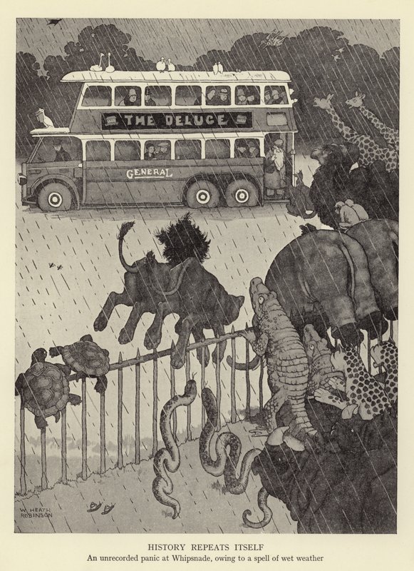 Historia toistaa itseään, kirjaamaton paniikki Whipsnadessa kostean sään vuoksi tekijältä William Heath Robinson