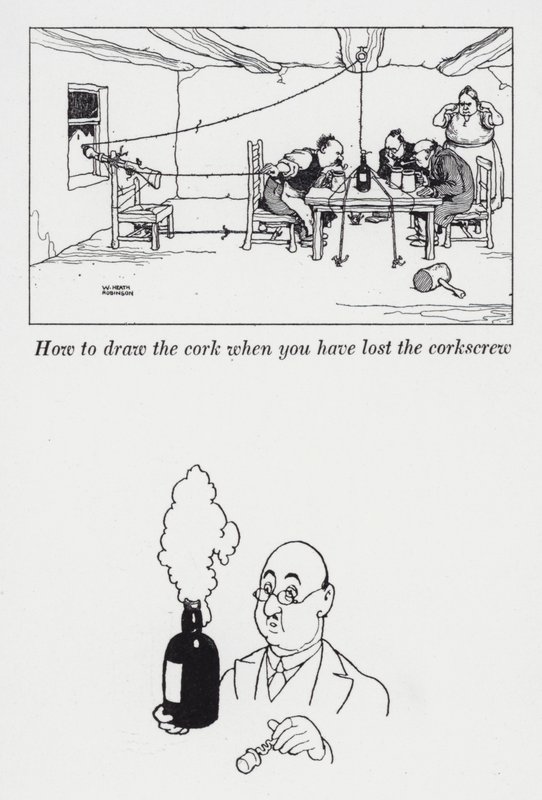 Kuinka piirtää korkki, kun olet hukannut korkkiruuvin (litho) tekijältä William Heath Robinson