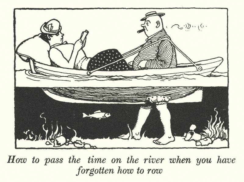 Kuinka kuluttaa aikaa joella, kun olet unohtanut soutamisen (litho) tekijältä William Heath Robinson