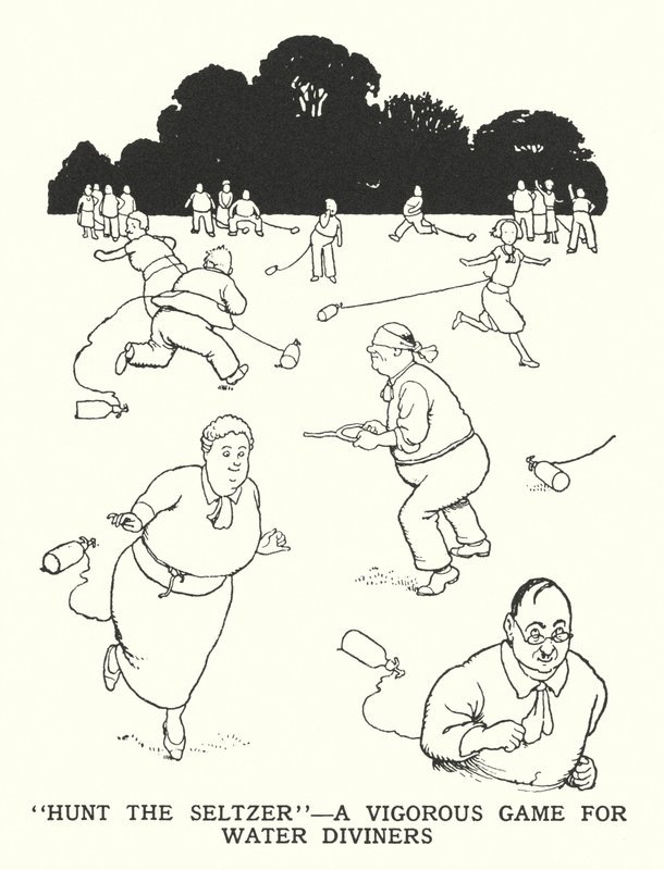 "Hunt the Seltzer", voimakas peli veden ennustajille (litho) tekijältä William Heath Robinson