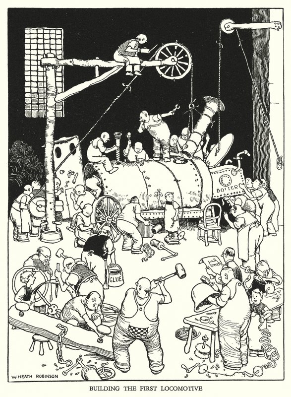 Kuvitus Railway Ribaldrylle, W Heath Robinson (litho) tekijältä William Heath Robinson