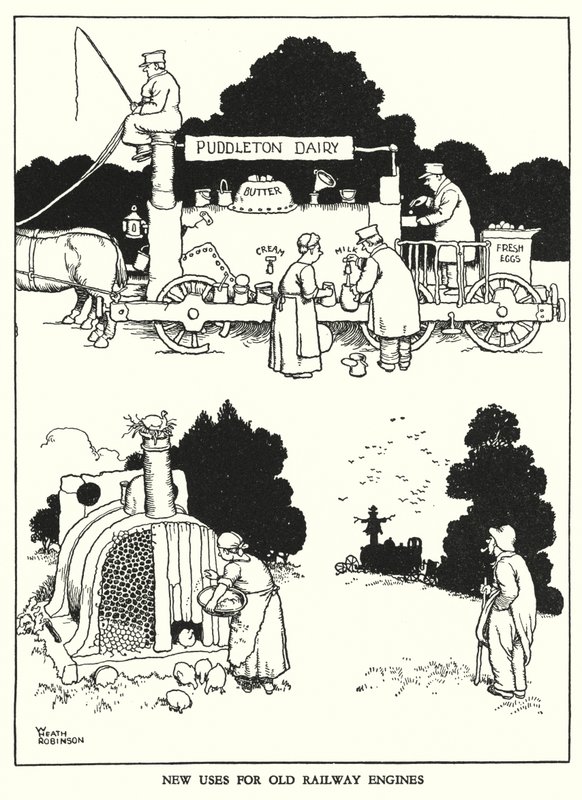 Kuvitus Railway Ribaldrylle, W Heath Robinson (litho) tekijältä William Heath Robinson