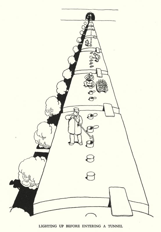 Kuvitus Railway Ribaldrylle, W Heath Robinson (litho) tekijältä William Heath Robinson
