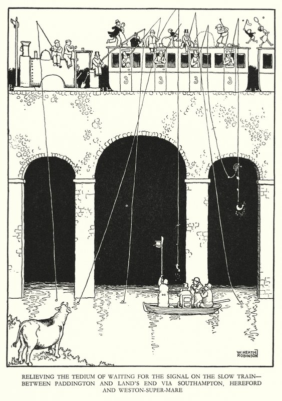 Kuvitus Railway Ribaldrylle, W Heath Robinson (litho) tekijältä William Heath Robinson