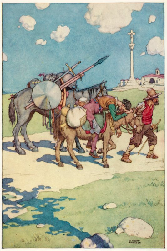 Kuvitus Don Quijoten seikkailuista (värilitho) tekijältä William Heath Robinson
