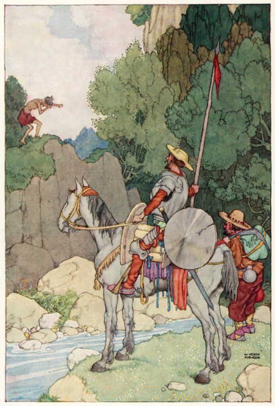 Kuvitus Don Quijoten seikkailuista (värilitho) tekijältä William Heath Robinson