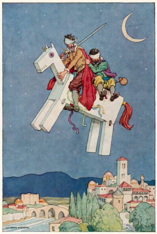 Kuvitus Don Quijoten seikkailuista (värilitho) tekijältä William Heath Robinson