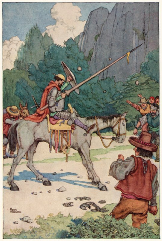 Kuvitus Don Quijoten seikkailuista (värilitho) tekijältä William Heath Robinson
