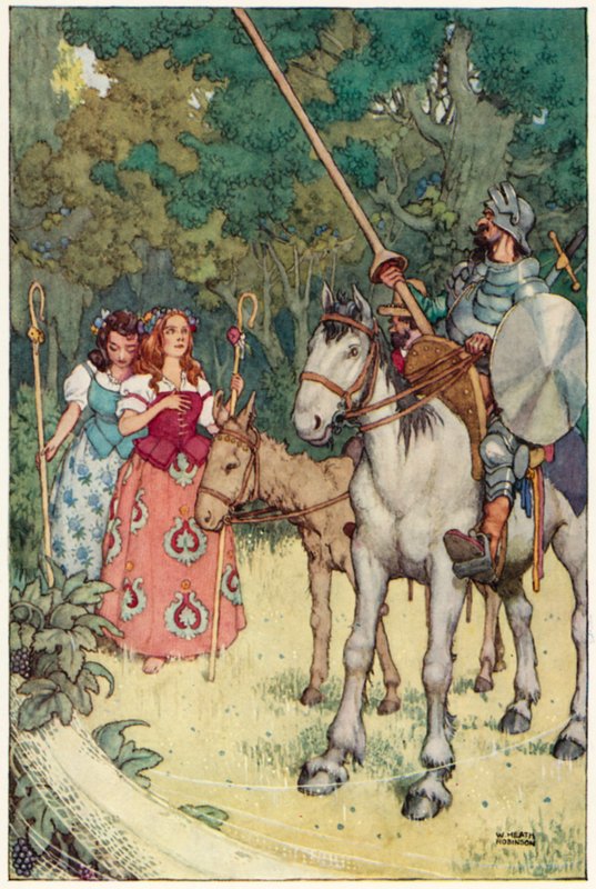Kuvitus Don Quijoten seikkailuista (värilitho) tekijältä William Heath Robinson