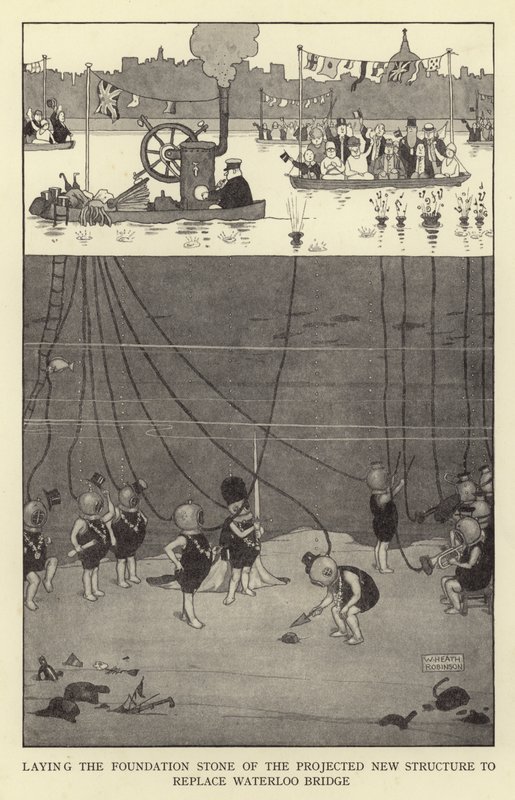 Waterloon sillan tilalle suunnitellun uuden rakenteen peruskiven laskeminen tekijältä William Heath Robinson