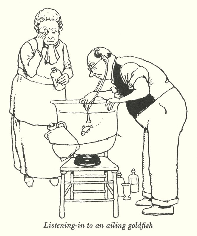 Kuuntelemassa sairasta kultakalaa (litho) tekijältä William Heath Robinson
