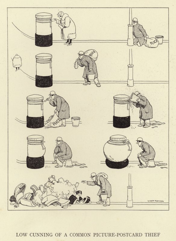 Tavallisen kuvapostikorttivarkaan matala ovela tekijältä William Heath Robinson