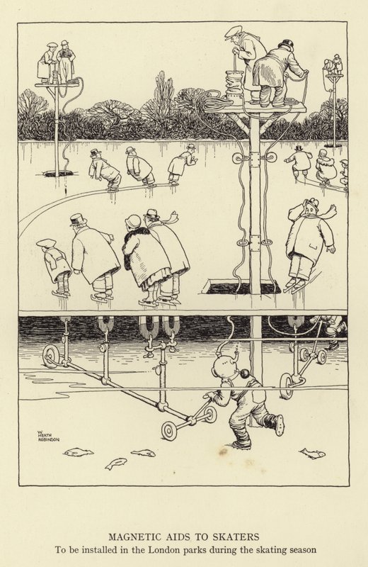 Magneettiset apuvälineet luistelijalle, asennetaan Lontoon puistoihin luistelukauden aikana tekijältä William Heath Robinson