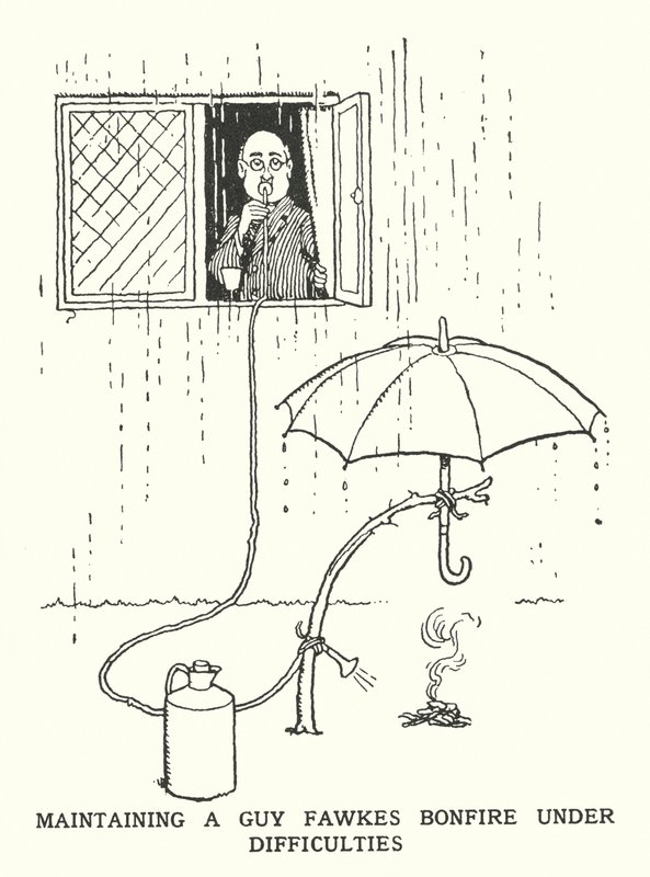 Guy Fawkesin kokon ylläpitäminen vaikeuksissa (litho) tekijältä William Heath Robinson