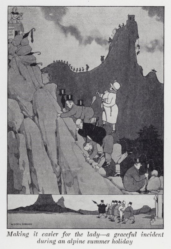 Naisen oloa helpottava, hieno tapaus alppikesälomalla (litho) tekijältä William Heath Robinson