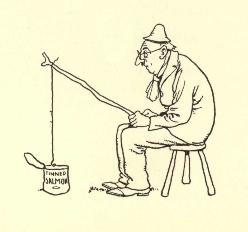 Mies kalastaa säilöttyä lohta tekijältä William Heath Robinson