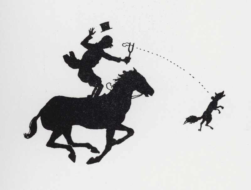 Mies hevosen selässä katapultoiva kettu (litho) tekijältä William Heath Robinson