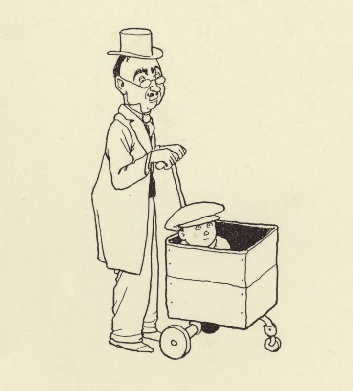 Mies työntää poikaa laatikossa tekijältä William Heath Robinson