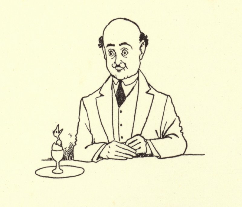 Mies yllättyi linnusta aamumunassaan tekijältä William Heath Robinson