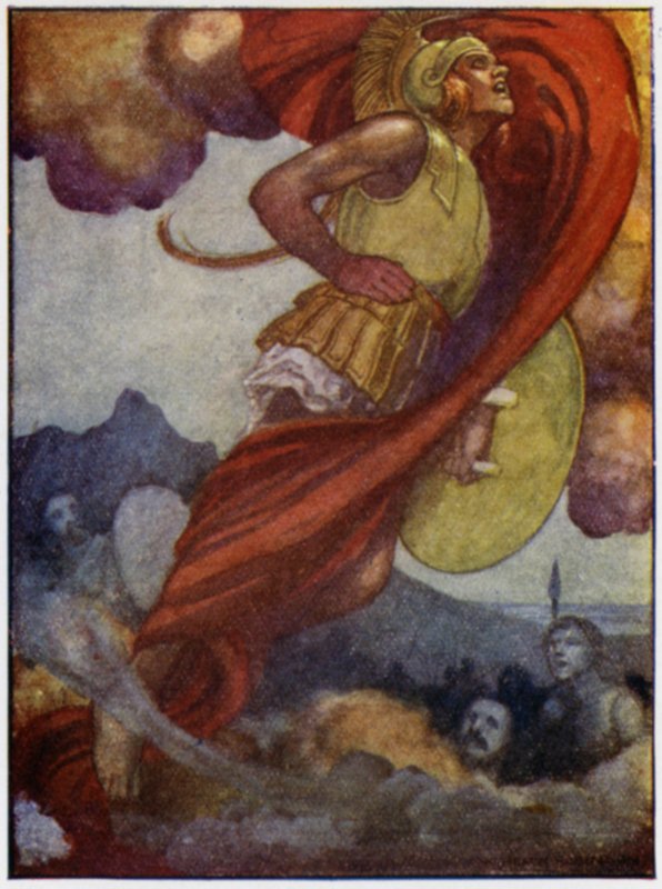 Mars, kuin ukkonen pilvi, pyyhkäisi ylöspäin taivaan läpi Olympukseen (värilitho) tekijältä William Heath Robinson