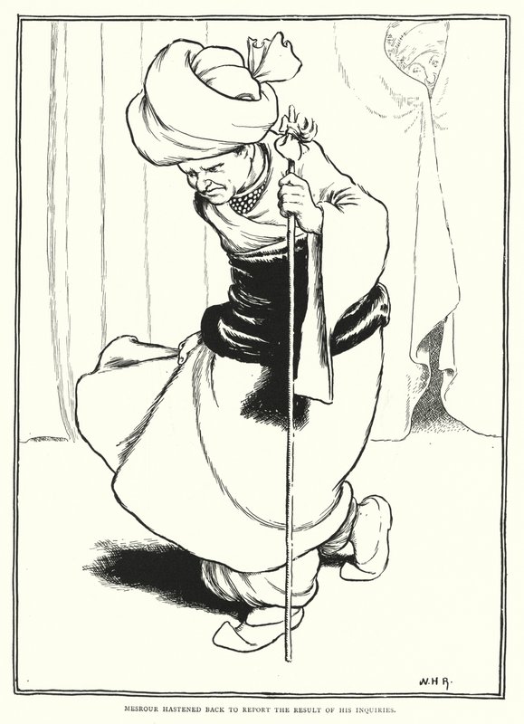 Mesrour kiirehti takaisin raportoimaan kyselynsä tuloksesta (kaiverrus) tekijältä William Heath Robinson