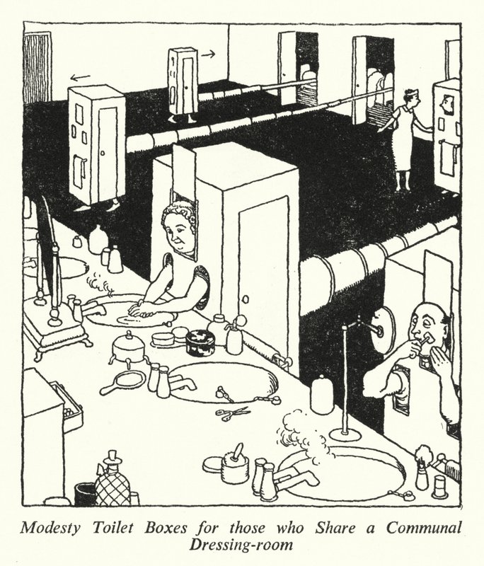 Modesty-wc-laatikot niille, jotka jakavat yhteisen pukuhuoneen (litho) tekijältä William Heath Robinson