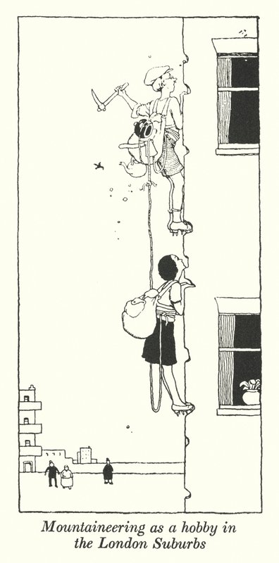 Vuorikiipeily harrastuksena Lontoon lähiöissä (litho) tekijältä William Heath Robinson
