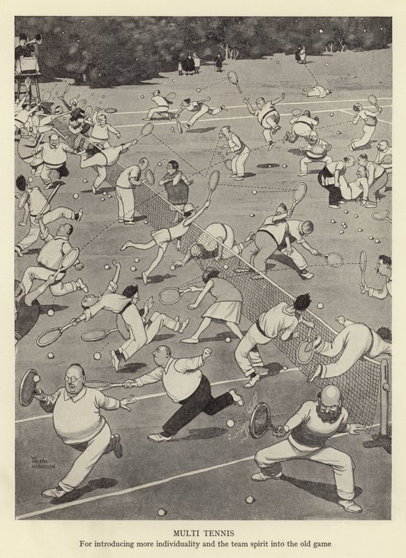 Multitennis, joka tuo lisää yksilöllisyyttä ja joukkuehenkeä vanhaan peliin tekijältä William Heath Robinson