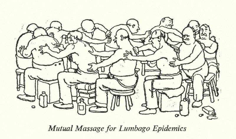 Keskinäinen hieronta Lumbago-epidemioiden varalta (litho) tekijältä William Heath Robinson