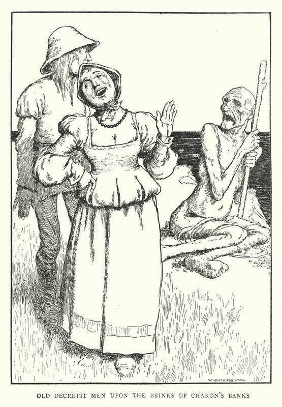 Vanhoja rappeutuneita miehiä Charonin rantojen laidalla (litho) tekijältä William Heath Robinson
