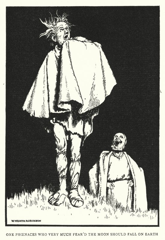 Erään Phoenacesin, joka kovasti pelkäsi kuuta, pitäisi pudota maan päälle (litho) tekijältä William Heath Robinson