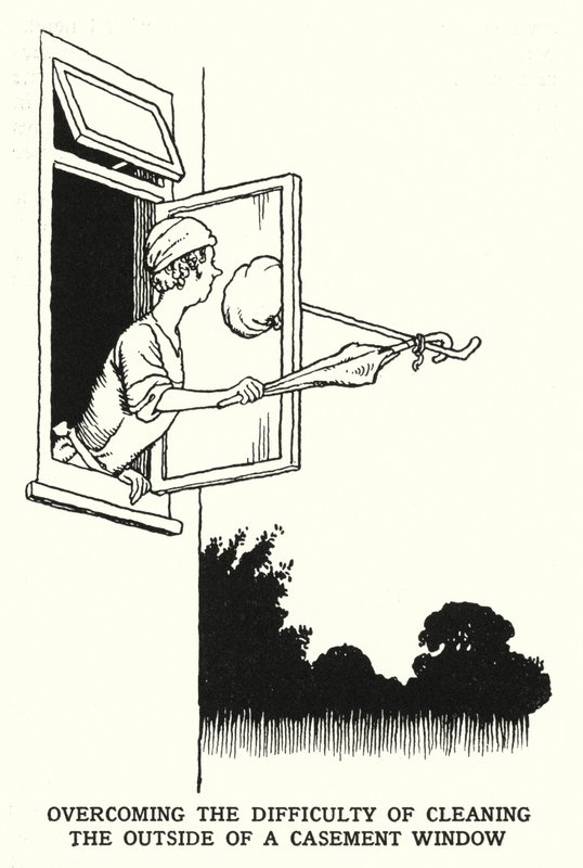 Kaapin ikkunan ulkopuolen puhdistamisen vaikeuden voittaminen (litho) tekijältä William Heath Robinson