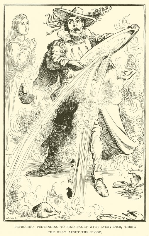 Petruchio, joka teeskenteli löytävänsä vikaa jokaisesta ruoasta, heitti lihan lattialle tekijältä William Heath Robinson