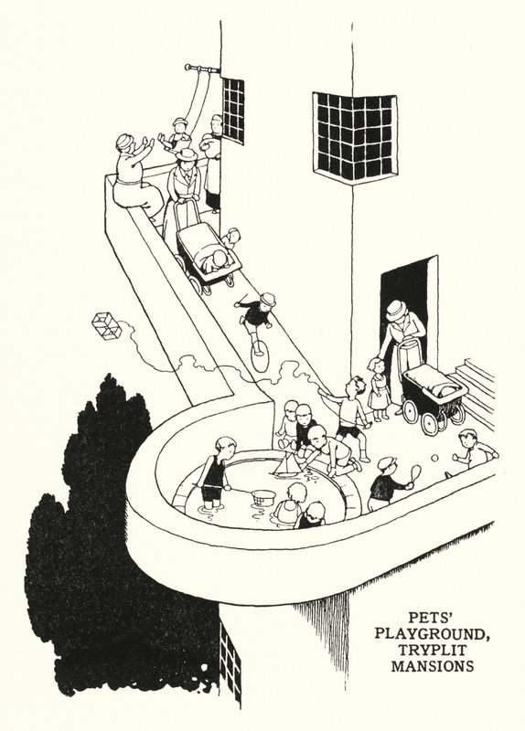 Lemmikkieläinten leikkikenttä, Tryplit Mansions (litho) tekijältä William Heath Robinson
