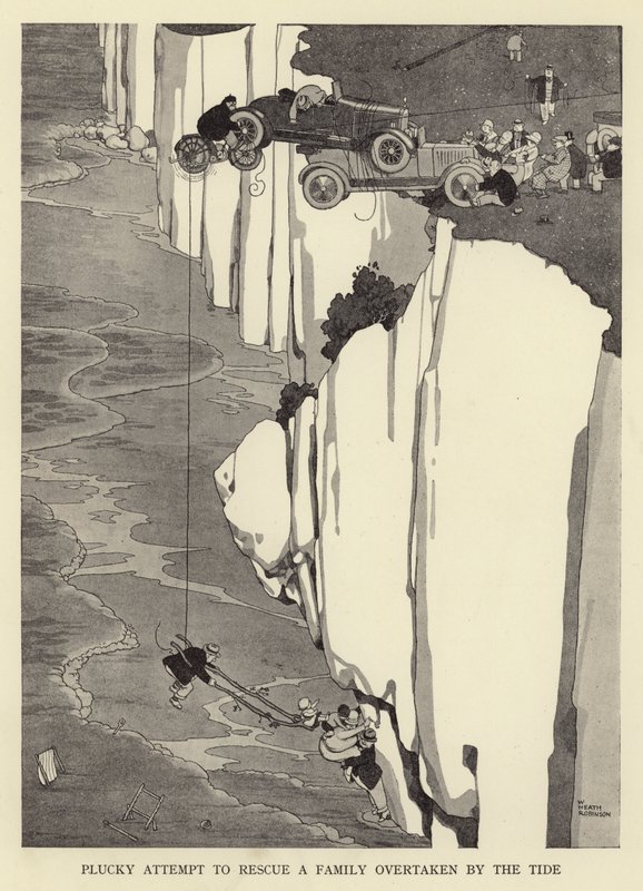 Uhkarohkea yritys pelastaa vuoroveden ohittama perhe tekijältä William Heath Robinson