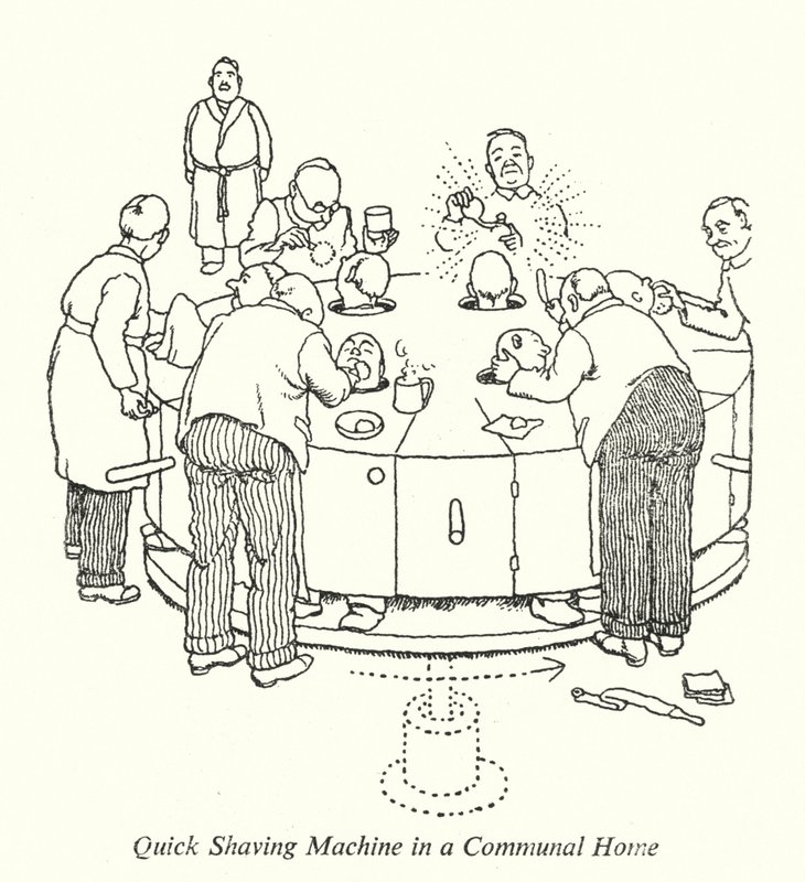 Pikaparranajokone yhteiskodissa (litho) tekijältä William Heath Robinson