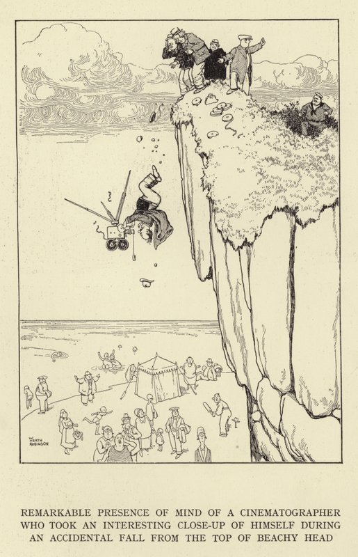 Kuvaajan huomionarvoinen mielentila, joka otti mielenkiintoisen lähikuvan itsestään pudotessaan vahingossa Beachy Headin huipulta tekijältä William Heath Robinson