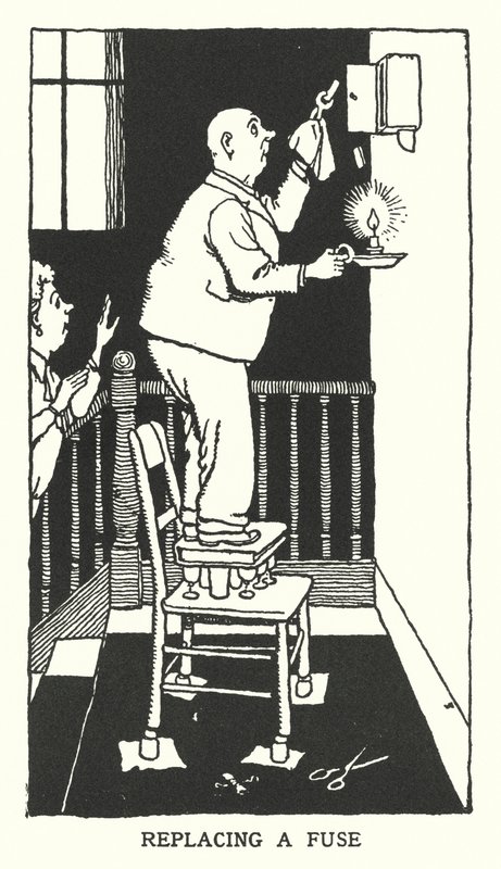 Sulakkeen vaihto (litho) tekijältä William Heath Robinson