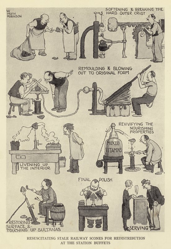 Tunkkaisten rautatiekeksejen elvyttäminen uudelleenjakelua varten asemien buffeteissa. tekijältä William Heath Robinson