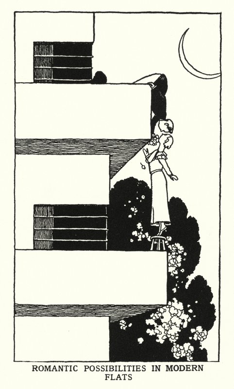 Romanttisia mahdollisuuksia moderneissa asunnoissa (litho) tekijältä William Heath Robinson