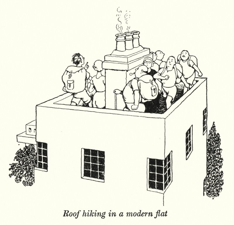 Kattovaellus modernissa asunnossa (litho) tekijältä William Heath Robinson