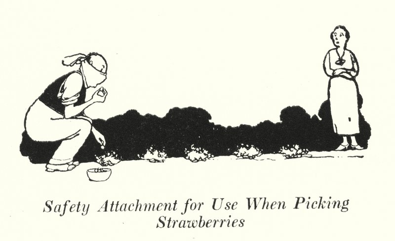 Turvakiinnitys mansikoita poimittaessa (litho) tekijältä William Heath Robinson
