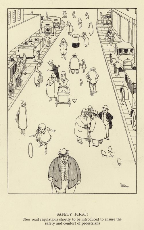Turvallisuus ennen kaikkea! Uudet tieliikennemääräykset otetaan pian käyttöön jalankulkijoiden turvallisuuden ja mukavuuden varmistamiseksi. tekijältä William Heath Robinson