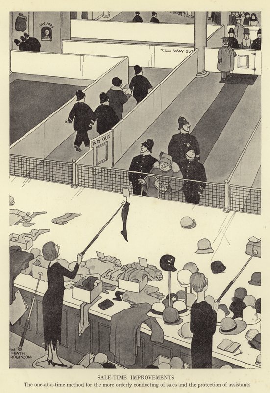 Myynnin aikaiset parannukset, yksi kerrallaan menetelmä myynnin järjestämiseen ja assistenttien suojaamiseen tekijältä William Heath Robinson