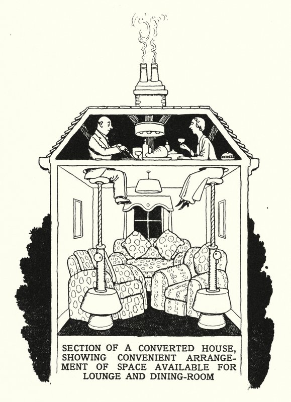 Osio muunnetusta talosta, jossa näkyy kätevä tilan järjestely oleskelutilaa ja ruokailutilaa varten (litho) tekijältä William Heath Robinson