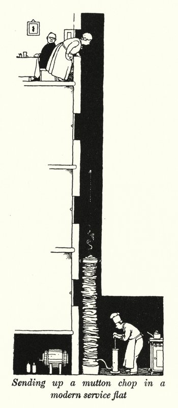 Lampaankyljyksen lähettäminen modernissa palveluasunnossa (litho) tekijältä William Heath Robinson