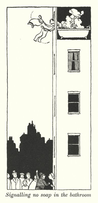 Signalointi ei saippuaa kylpyhuoneessa (litho) tekijältä William Heath Robinson
