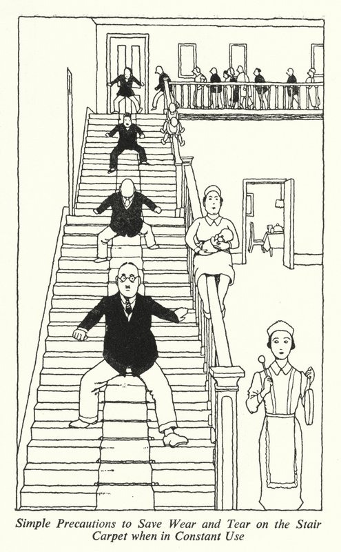 Yksinkertaisia varotoimia portaiden maton kulumisen ja repeämisen säästämiseksi jatkuvassa käytössä (litho) tekijältä William Heath Robinson