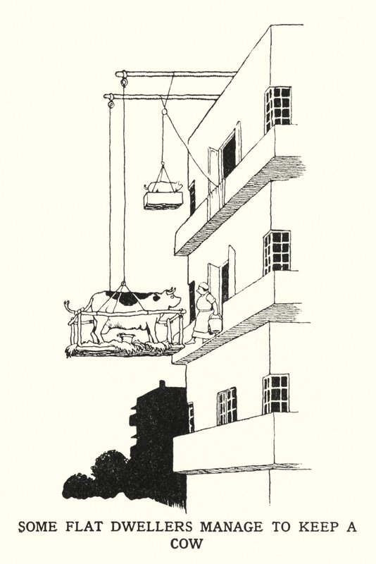 Jotkut asukkaat onnistuvat pitämään lehmän (litho) tekijältä William Heath Robinson