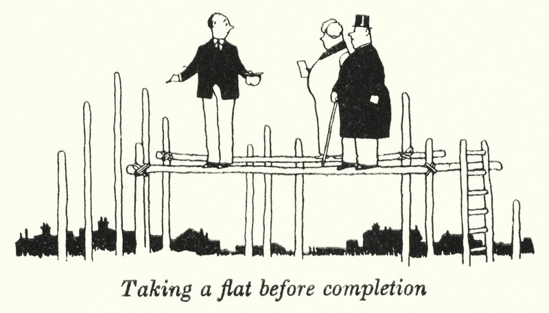 Asunnon hankkiminen ennen valmistumista (litho) tekijältä William Heath Robinson